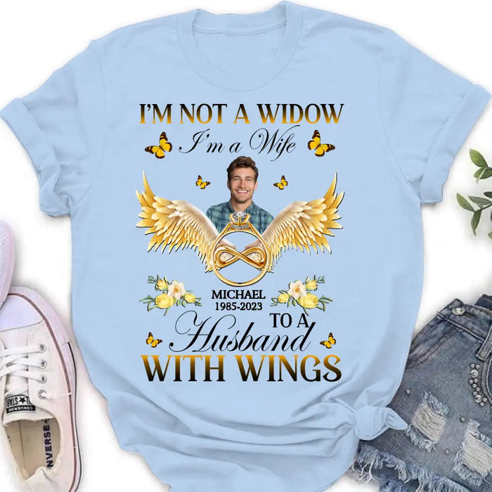 Custom Personalized Memorial Husband Shirt/ Hoodie - Memorial Gift Idea - I'm Not A Widow I'm A Wife To A Husband With Wings