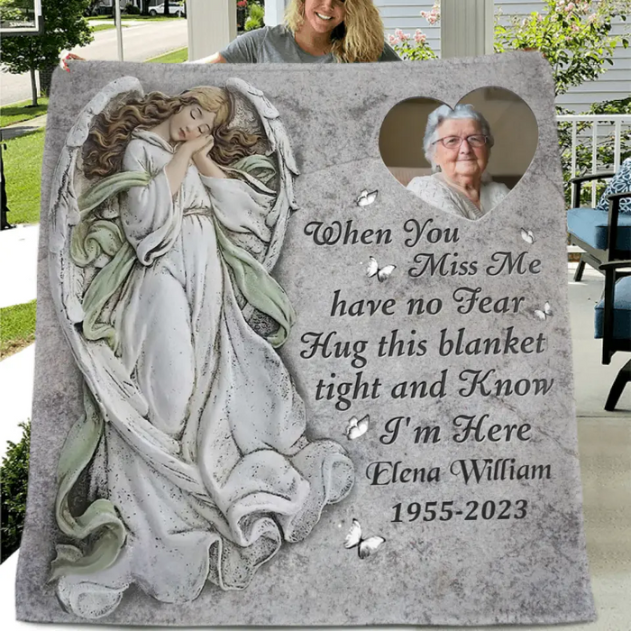 Custom Personalized Memorial Photo Quilt/Single Layer Fleece Blanket - Memorial Gift Idea for Family -  When You Miss Me Have No Fear Hug This Blanket