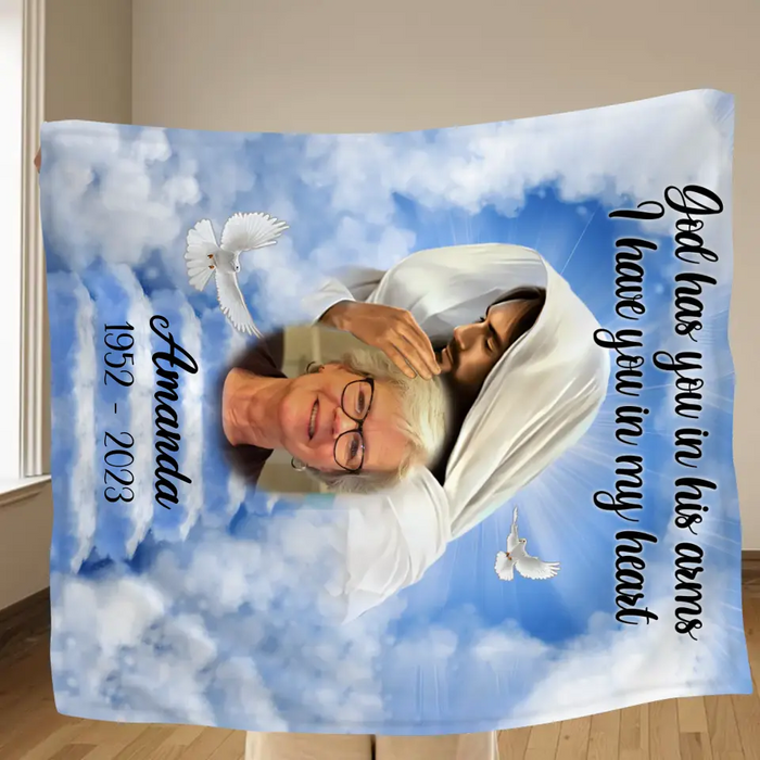 Personalized Memorial Quilt/Single Layer Fleece Blanket - Upload Photo - Memorial Gift Idea For Family Member - God Has You In His Arms I Have You In My Heart