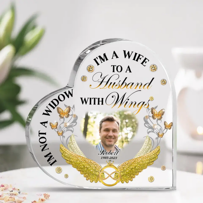 Custom Personalized Memorial Husband Crystal Heart - Memorial Gift Idea - I'm Not A Widow I'm A Wife To A Husband With Wings