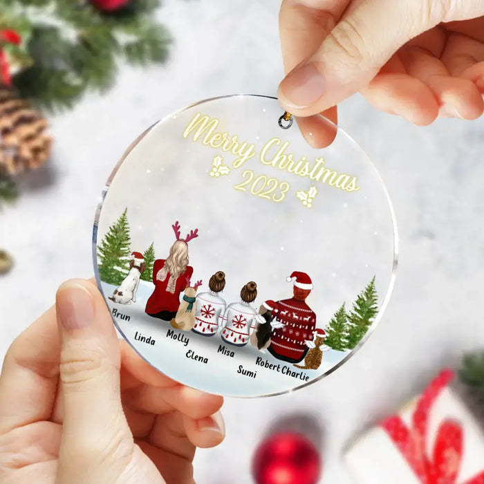 Custom Personalized Family & Pet Circle Acrylic Ornament - Upto 2 Kids, 4 Pets - Christmas Gift Idea For Family/Pet Lovers - Merry Christmas 2023