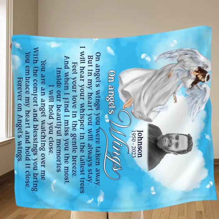 Personalized Memorial Quilt/Single Layer Fleece Blanket - Upload Photo - Memorial Gift Idea For Family Member - Forever On Angel's Wings