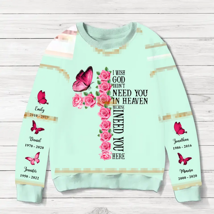 Custom Personalized Memorial AOP Sweater - Memorial Gift Idea For Christmas/ Family Member - I Wish God Didn't Need You In Heaven