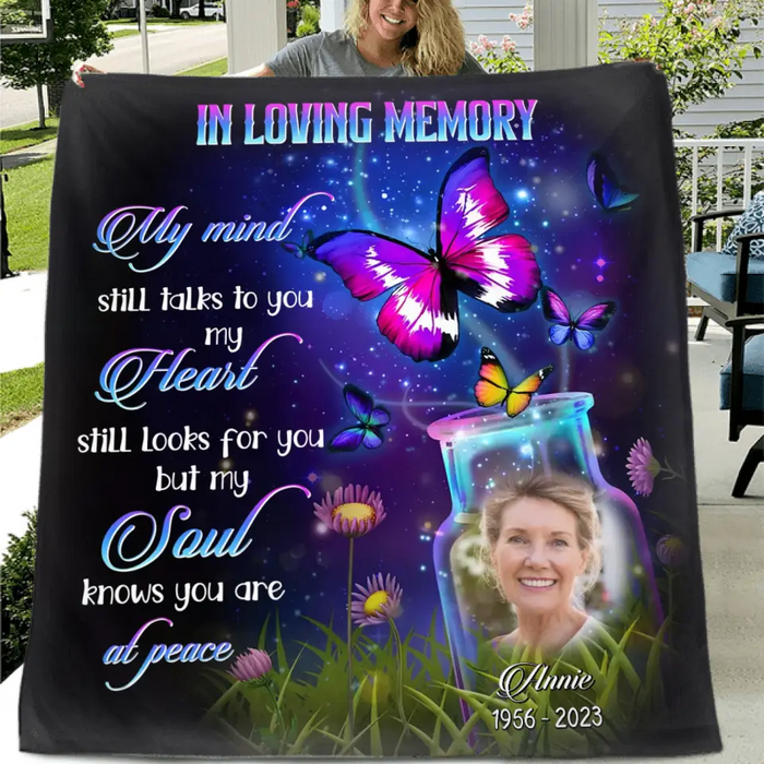 Custom Personalized Memorial Quilt/Single Layer Fleece Blanket - Upload Photo - Memorial Gift Idea For Family Member - My Mind Still Talks To You