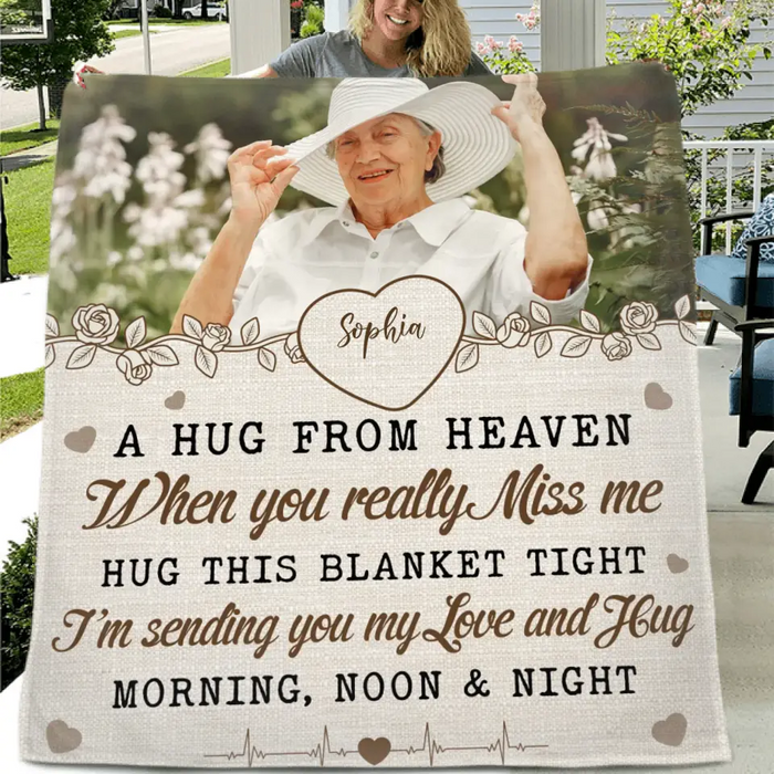 Personalized Memorial Quilt/Single Layer Fleece Blanket - Upload Photo - Memorial Gift Idea For Family Member - A Hug From Heaven