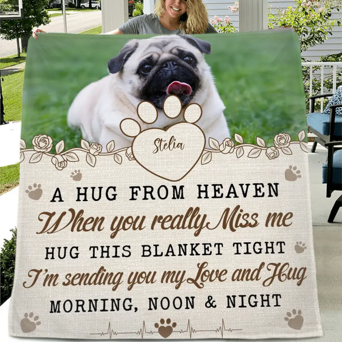 Personalized Memorial Pet Quilt/Single Layer Fleece Blanket - Upload Photo - Memorial Gift Idea For Pet Owners - A Hug From Heaven