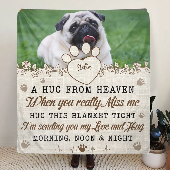 Personalized Memorial Pet Quilt/Single Layer Fleece Blanket - Upload Photo - Memorial Gift Idea For Pet Owners - A Hug From Heaven