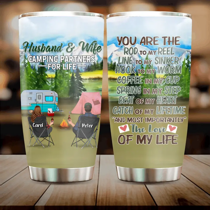 Custom Personalized Camping Tumbler - Couple With Upto 3 Pets - Gift Idea For Couple/Camping Lover - You Are The Rod To My Reel