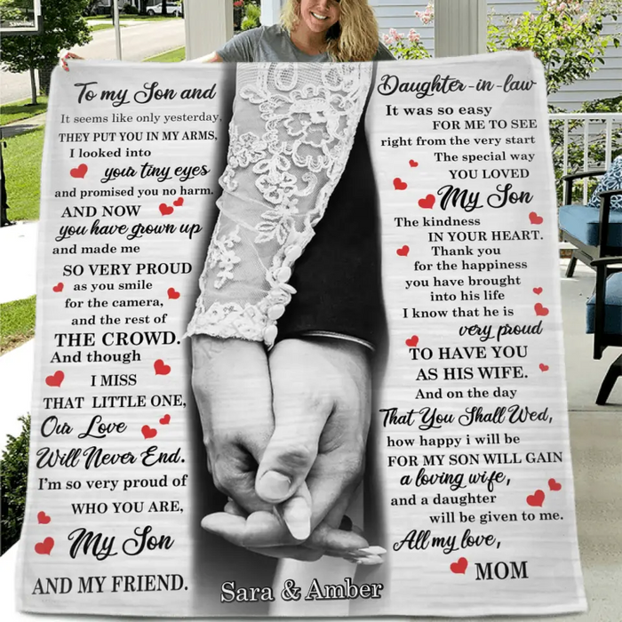 Custom Personalized To My Son And Daughter In Law Quilt/ Single Layer Fleece Blanket - Gift For Son On Wedding Day From Mother Of Groom