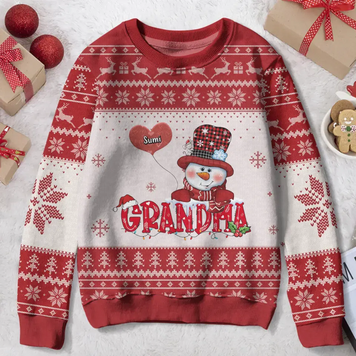 Personalized Grandma Mom Snowman Hearts Sweater - Christmas Gift Idea For Grandma And Grandkids With - Up to 10 Kids