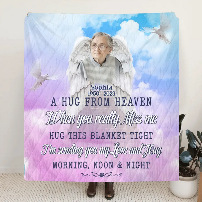 Custom Personalized Memorial Quilt/Single Layer Fleece Blanket - Upload Photo - Memorial Gift Idea For Family Member - I'm Sending You My Love And Hug