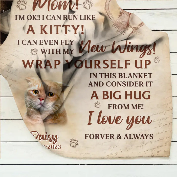 Custom Personalized Memorial Cat Photo Single Layer Fleece/Quilt Blanket - Memorial Gift Idea for Cat Owners - Don't Cry For Me Mom! I'm Ok!