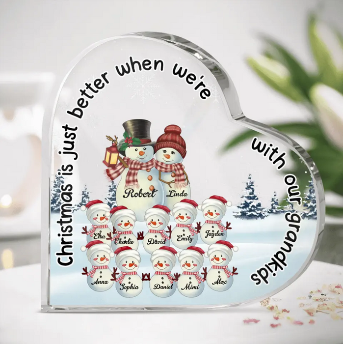 Personalized Grandma & Snowman Crystal Heart - Gift Idea For Grandma/Christmas - Upto 10 Grandkids - Christmas Is Just Better When We're With Our Grandkids