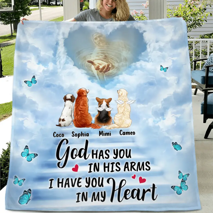 Personalized Memorial Pet Quilt/Single Layer Fleece Blanket - Memorial Gift Idea For Pet Lovers - God Has You In His Arms I Have You In My Heart