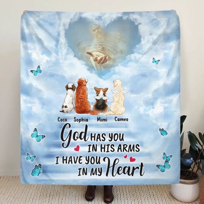 Personalized Memorial Pet Quilt/Single Layer Fleece Blanket - Memorial Gift Idea For Pet Lovers - God Has You In His Arms I Have You In My Heart