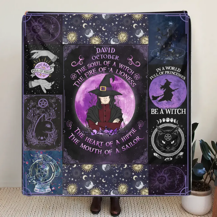 Custom Personalized Witch Male Quilt/Single Layer Fleece Blanket - Halloween Gift Idea For Witch Lovers - October The Soul of A Witch The Fire Of A Lioness