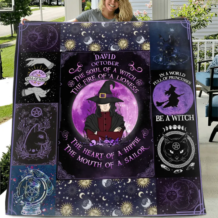 Custom Personalized Witch Male Quilt/Single Layer Fleece Blanket - Halloween Gift Idea For Witch Lovers - October The Soul of A Witch The Fire Of A Lioness