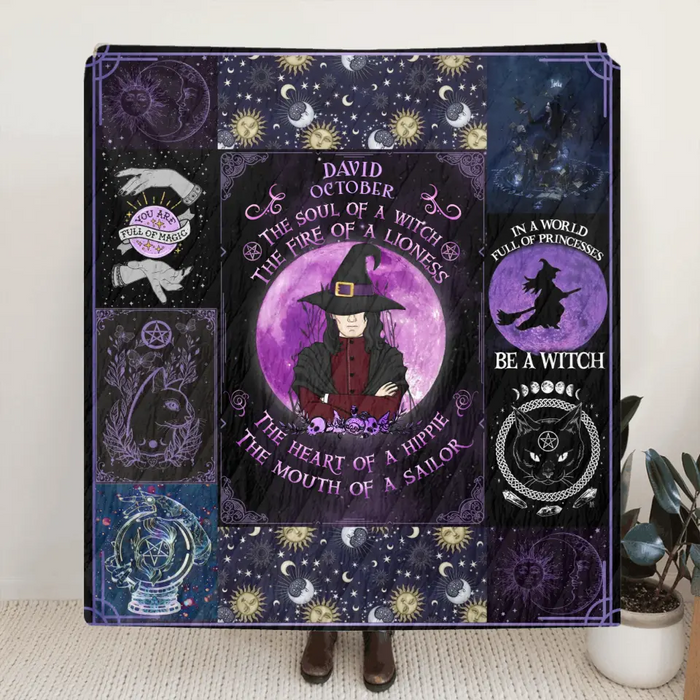 Custom Personalized Witch Male Quilt/Single Layer Fleece Blanket - Halloween Gift Idea For Witch Lovers - October The Soul of A Witch The Fire Of A Lioness