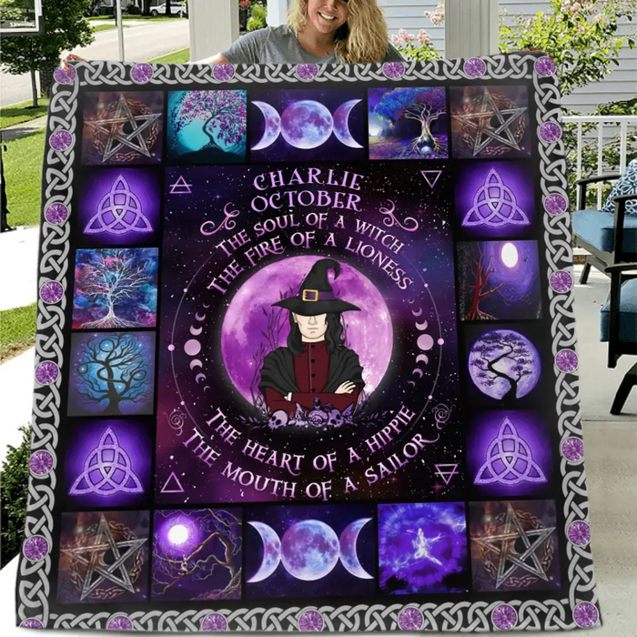 Personalized Witch Male Quilt/Single Layer Fleece Blanket - Halloween Gift Idea For Witch Lovers - October The Fire Of A Lioness