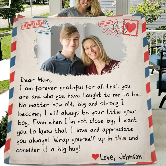 Custom Personalized Mom & Son Photo Quilt/ Single Layer Fleece Blanket - Gift Idea For Mom - Upload Photo - I Am Forever Grateful