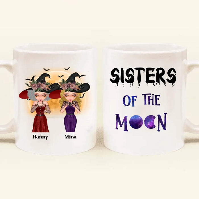 Custom Personalized Witches Coffee Mug - Upto 4 Girls - Halloween Gift For Friends/ Sisters/ Besties - Sisters Of The Moon