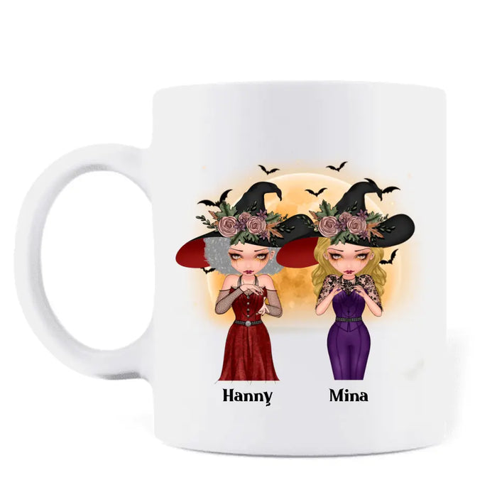 Custom Personalized Witches Coffee Mug - Upto 4 Girls - Halloween Gift For Friends/ Sisters/ Besties - Sisters Of The Moon