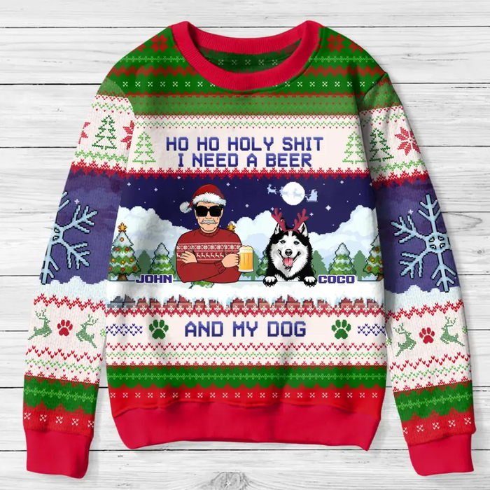 Custom Personalized Christmas Dog Dad Sweater - Upto 3 Dogs - Christmas Gift Idea For Dog Lover - Ho Ho Holy Shit I Need A Beer And My Dog