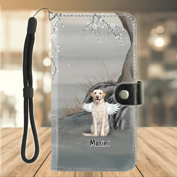 Custom Personalized Memorial Dog Flip Leather Purse For Mobile Phone - Memorial Gift For Dog Lovers With Upto 3 Dogs - Those We Love Don't Go Away, They Walk Beside Us Every Day