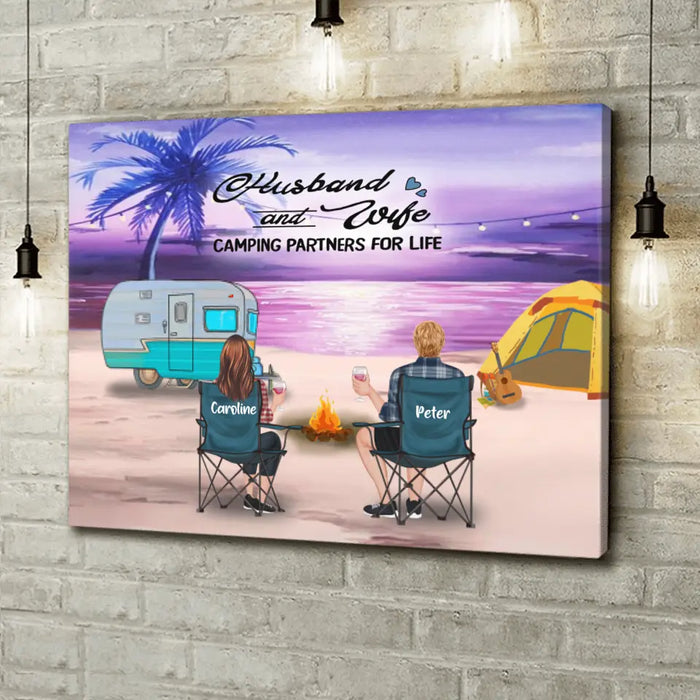 Custom Personalized Beach Camping Canvas - Couple/ Parents With Upto 3 Kids And 4 Pets - Gift Idea For Couple/ Family/ Camping Lover - Husband And Wife Camping Partners For Life