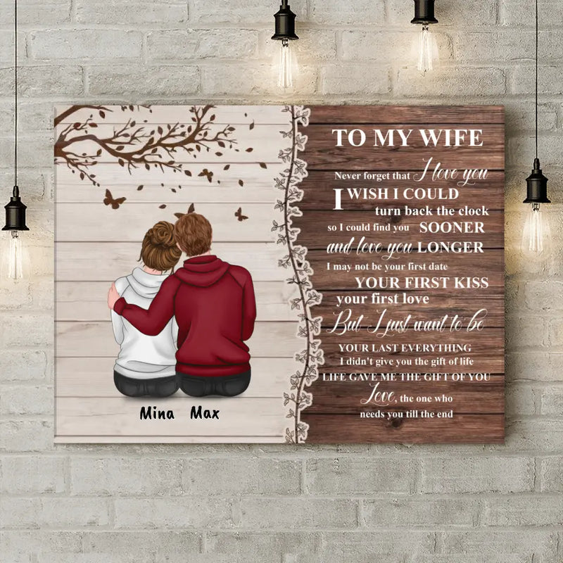 Personalized Half Wood Texture Couple Sitting Back View Canvas - Gift For Him/For Her - To My Wife Never Forget That I Love You