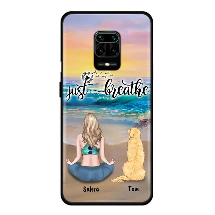 Custom Personalized Yoga Woman & Dog Phone Case - Upto 2 Dogs - Gifts For Yoga/ Dog Lovers - Just Breathe - Case For iPhone, Samsung And Xiaomi - 606HWH