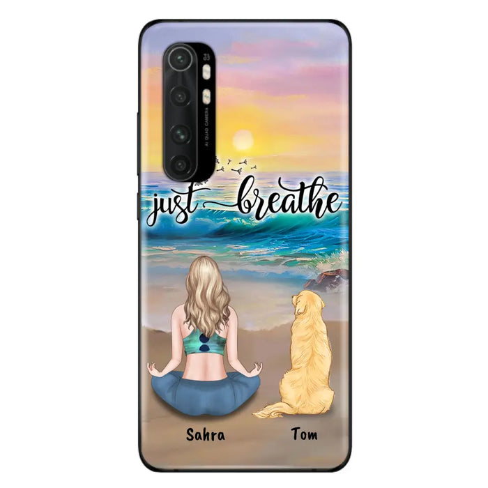 Custom Personalized Yoga Woman & Dog Phone Case - Upto 2 Dogs - Gifts For Yoga/ Dog Lovers - Just Breathe - Case For iPhone, Samsung And Xiaomi - 606HWH