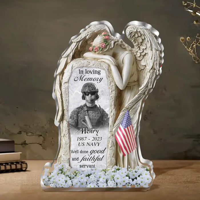 Custom Personalized Veteran Angel In Loving Memory Acrylic Plaque - Memorial Gift Idea For Veteran - Upload Photo - Well Done, Good And Faithful Servant