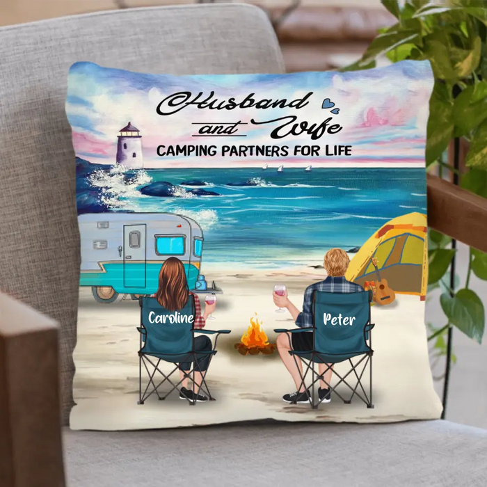 Custom Personalized Beach Camping Pillow Cover & Quilt/ Fleece Blanket - Couple/ Parents With Upto 3 Kids And 4 Pets - Gift Idea For Couple/ Family/ Camping Lover - Husband And Wife Camping Partners For Life