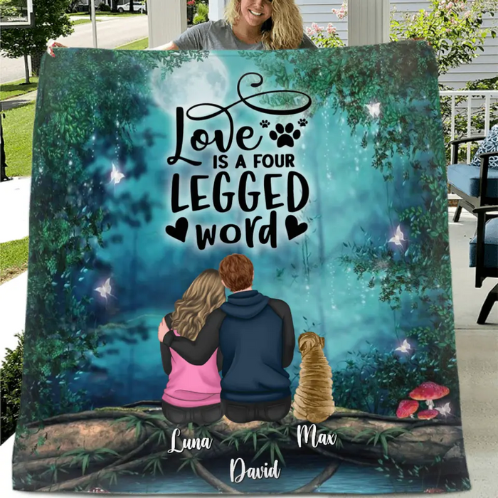 Custom Personalized Couple And Dogs Quilt/Fleece Blanket - Couple With Upto 5 Dogs - Gift Idea For Couple/Dog Lover - Love Is A Four Legged Word