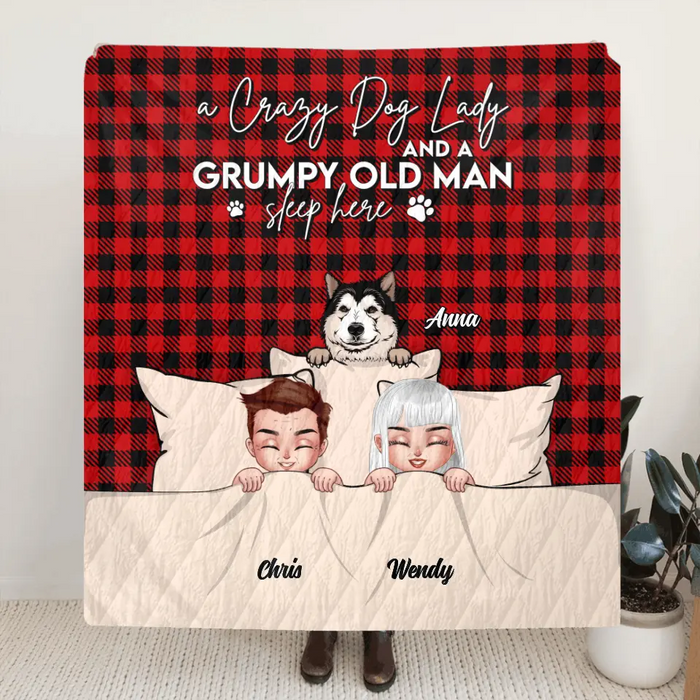 Custom Personalized Couple Quilt/Fleece Blanket - Upto 5 Dogs - Gift Idea For Dog Lovers/Couple - A Crazy Dog Lady And A Grumpy Old Man Sleep Here