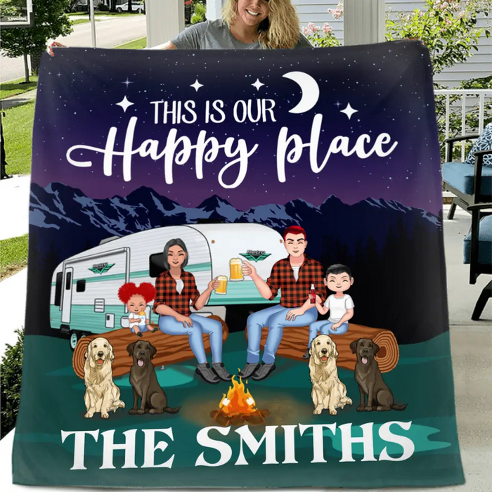 Custom Personalized Camping Under The Stars Pillow Cover & Fleece/ Quilt Blanket - Gift Idea For Family/Camping Lover - Couple/ Parents With Upto 2 Kids And 4 Dogs - This Is Our Happy Place