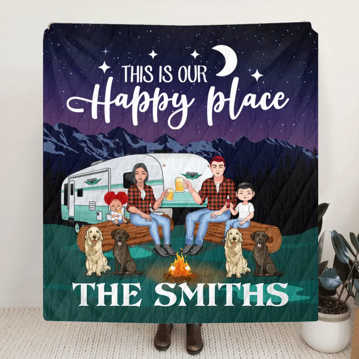 Custom Personalized Camping Under The Stars Pillow Cover & Fleece/ Quilt Blanket - Gift Idea For Family/Camping Lover - Couple/ Parents With Upto 2 Kids And 4 Dogs - This Is Our Happy Place