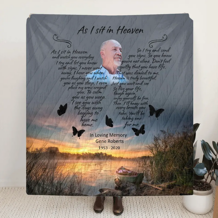 Custom Personalized Photo Memorial Single Layer Fleece/ Quilt - Memorial Gift - As I Sit In Heaven