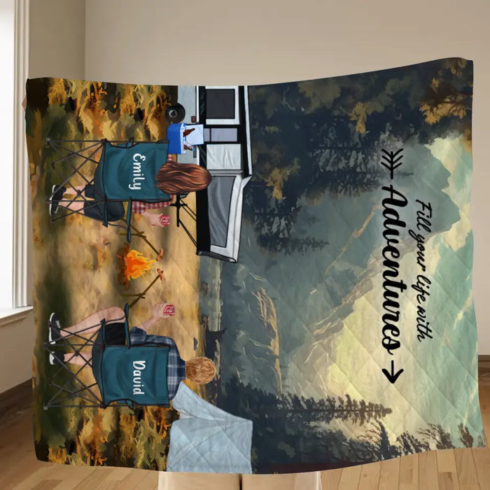 Custom Personalized Yosemite Camping Quilt/Single Layer Fleece Blanket - Gift Idea For Couple, Camping Lovers, Family - Upto 5 Kids, 4 Pets - Fill Your Life With Adventures