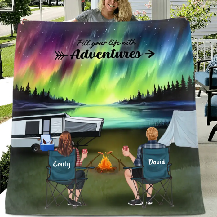 Personalized Northern Light Camping Quilt/Single Layer Fleece Blanket - Gift Idea For Couple, Camping Lovers, Family - Upto 5 Kids, 4 Pets - Fill Your Life With Adventures