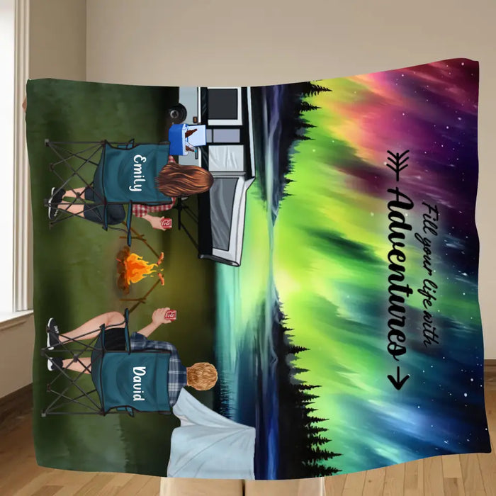 Personalized Northern Light Camping Quilt/Single Layer Fleece Blanket - Gift Idea For Couple, Camping Lovers, Family - Upto 5 Kids, 4 Pets - Fill Your Life With Adventures