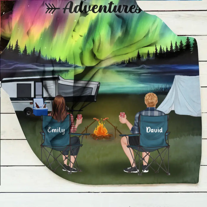 Personalized Northern Light Camping Quilt/Single Layer Fleece Blanket - Gift Idea For Couple, Camping Lovers, Family - Upto 5 Kids, 4 Pets - Fill Your Life With Adventures