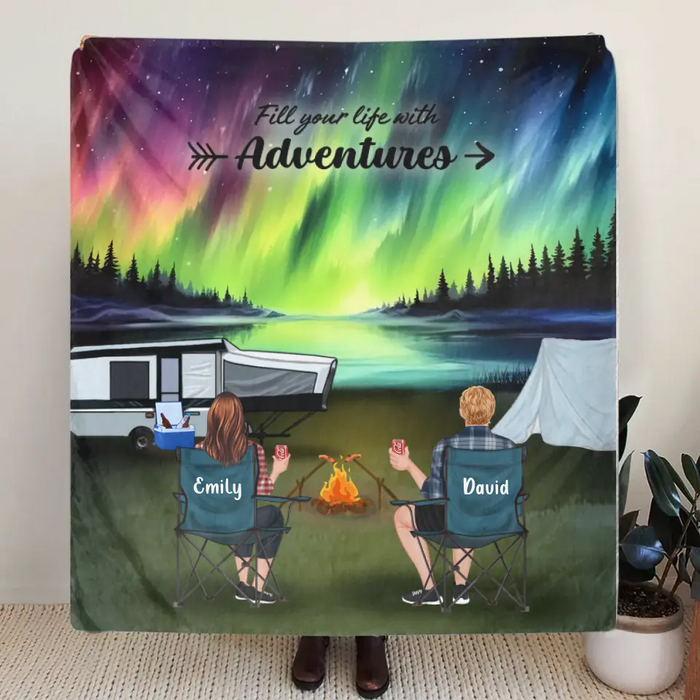 Personalized Northern Light Camping Quilt/Single Layer Fleece Blanket - Gift Idea For Couple, Camping Lovers, Family - Upto 5 Kids, 4 Pets - Fill Your Life With Adventures