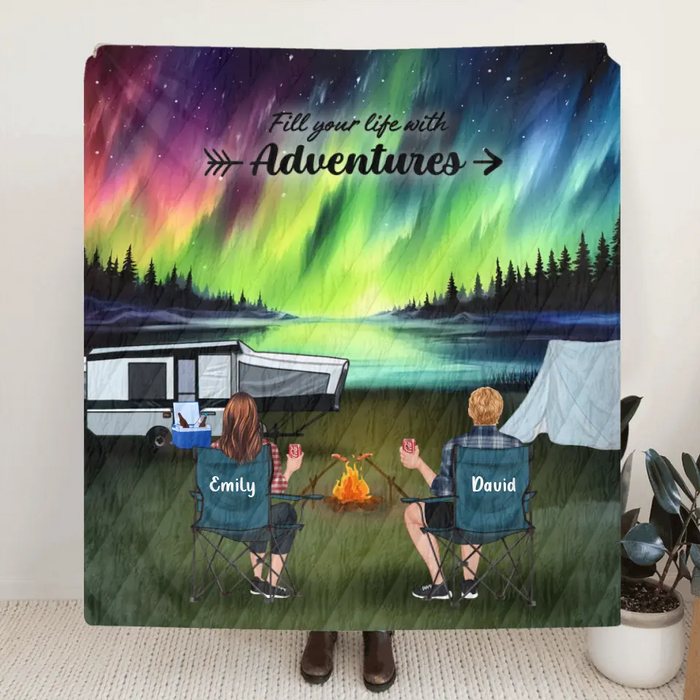 Personalized Northern Light Camping Quilt/Single Layer Fleece Blanket - Gift Idea For Couple, Camping Lovers, Family - Upto 5 Kids, 4 Pets - Fill Your Life With Adventures