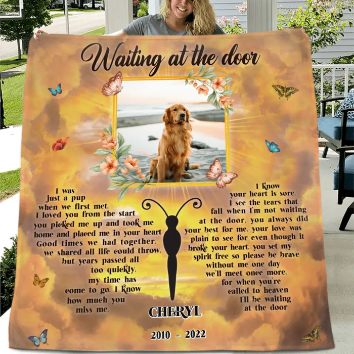 Custom Personalized Memorial Photo Fleece/ Quilt Blanket - Memorial Gift For Dog Loss - Waiting At The Door