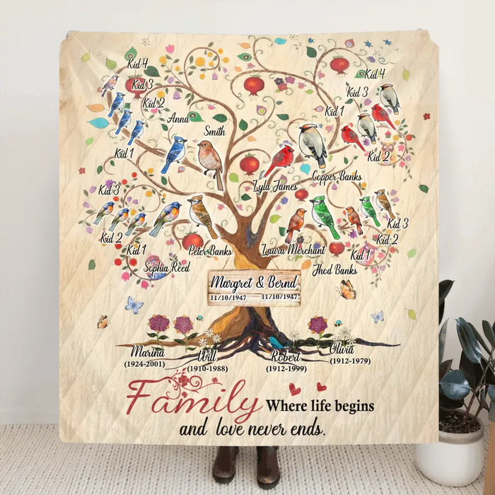 Custom Personalized Family Tree Fleece Throw Blanket/Quilt Blanket - Gift Idea For Family - Family Where Life Begins And Love Never Ends