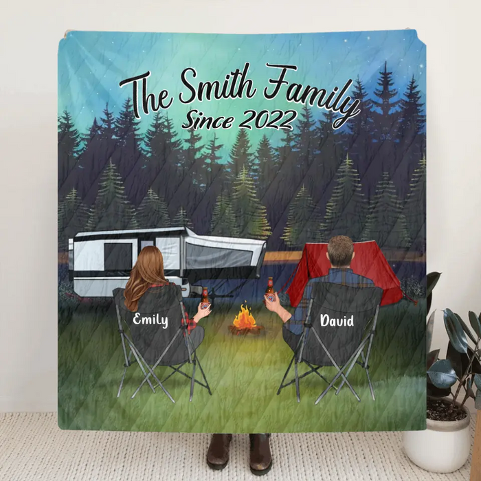 Personalized Camping Quilt/Single Layer Fleece Blanket - Gift Idea For Couple, Camping Lovers, Family - Upto 3 Kids, 3 Pets - The Family