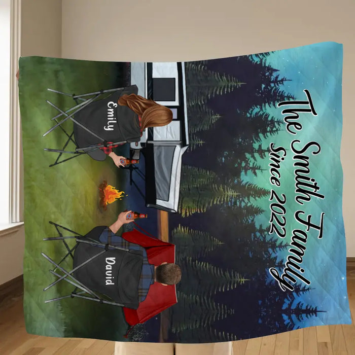 Personalized Camping Quilt/Single Layer Fleece Blanket - Gift Idea For Couple, Camping Lovers, Family - Upto 3 Kids, 3 Pets - The Family