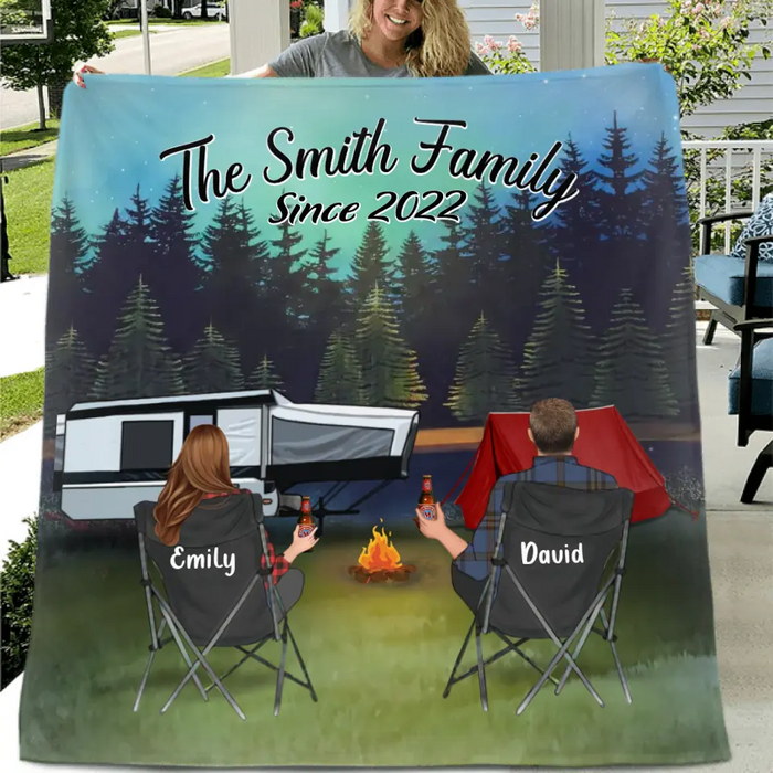 Personalized Camping Quilt/Single Layer Fleece Blanket - Gift Idea For Couple, Camping Lovers, Family - Upto 3 Kids, 3 Pets - The Family